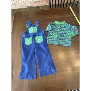 VTG 1980's Health Tex  Outfit Corduroy Overalls Health-Tex 2T Up down Blue Green